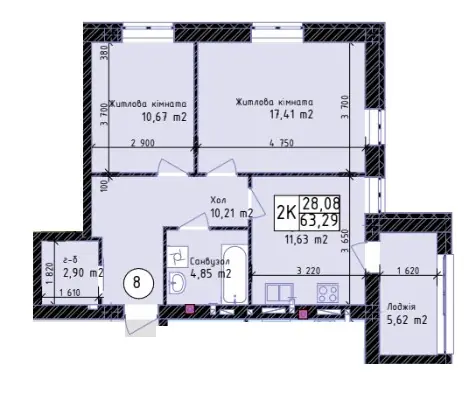 Планировка 2-комнатной квартиры 63.3 м² в ЖК «Одеса Сити», Одесса