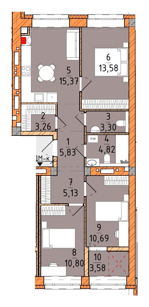 Трёхкомнатная квартира · 76.36 м² · Платинум Сити