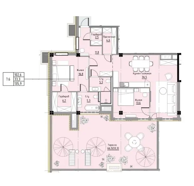Двухкомнатная квартира · 135.9 м² · Пространство на Ришельевской