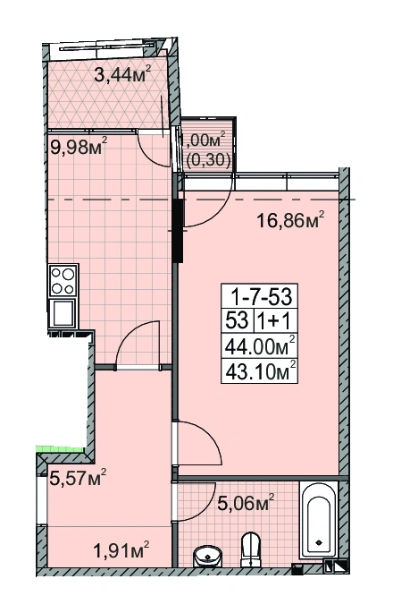 Layout plan of 1-room apartment 43.0 m² in Golden City Paliya, Odesa
