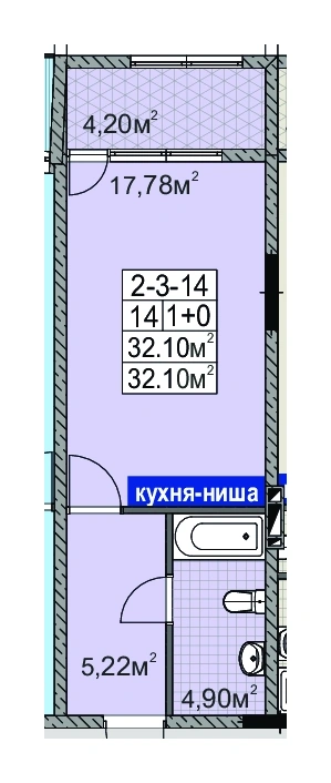 Планировка 1-комнатной квартиры 30.0 м² в ЖК «Голден Сити на Палия», Одесса