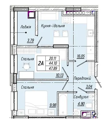 Двухкомнатная · 47.89 м² · ЖК Акварель 10