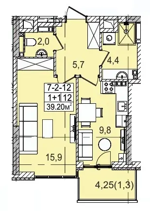 Layout plan of 1-room apartment 39.2 m² in Golden City, Odesa