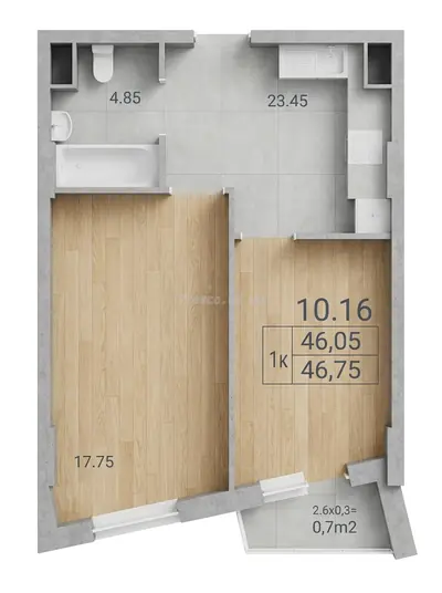 Однокомнатная · 46.75 м² · ЖК Итака