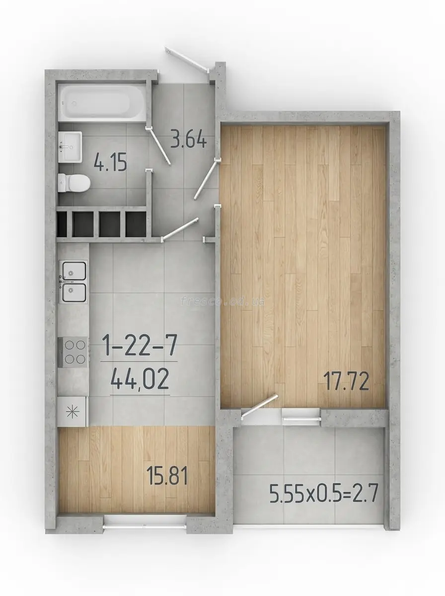 Однокомнатная · 41.3 м² · ЖК 67 Жемчужина