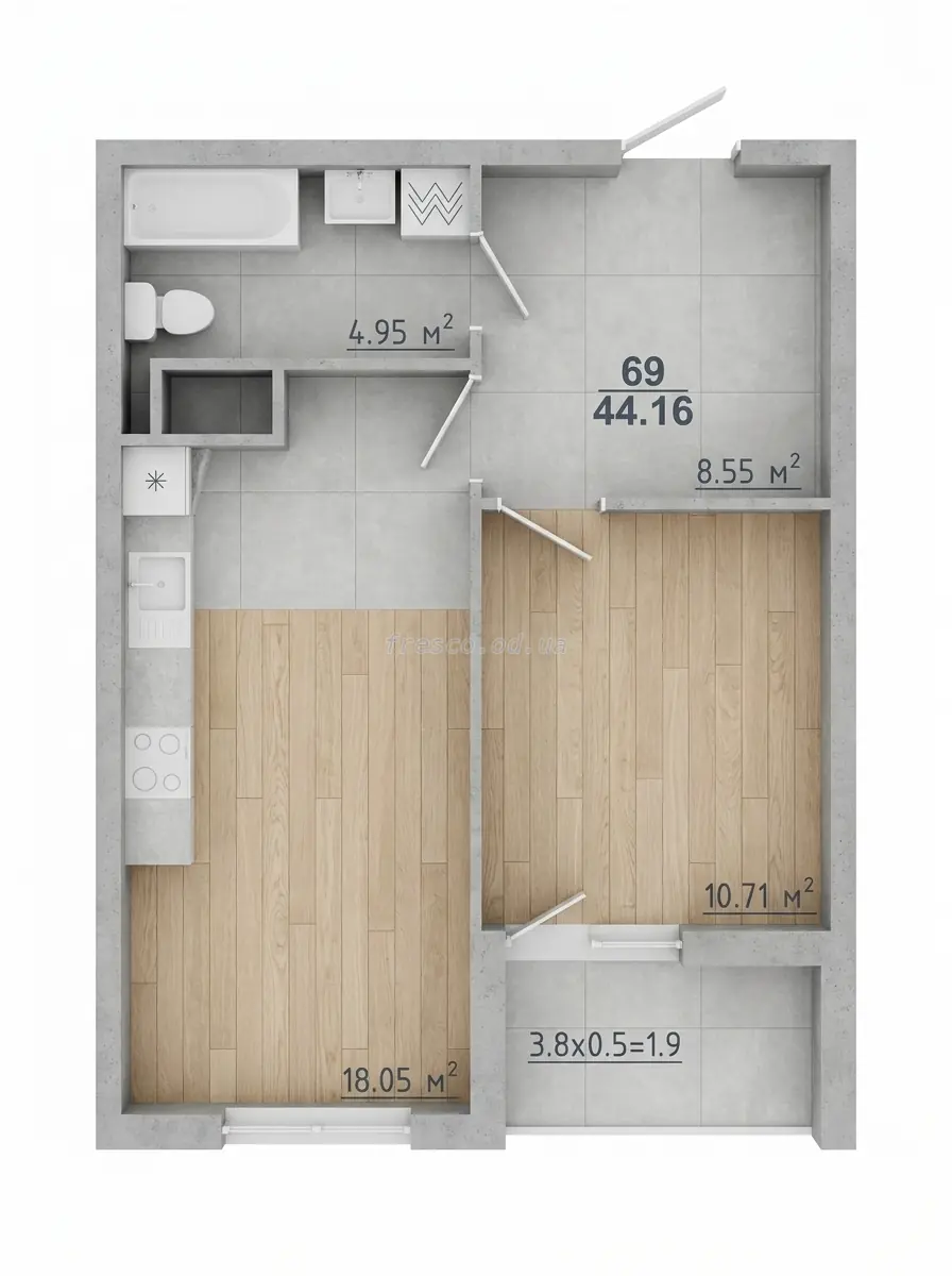 1-room apartment · 44.16 m² · 70 Pearl