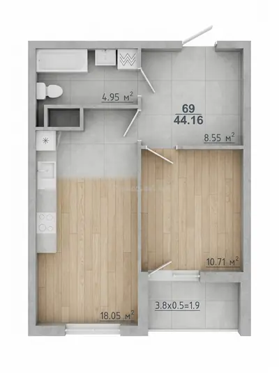 Однокомнатная · 44.16 м² · ЖК 70 Жемчужина