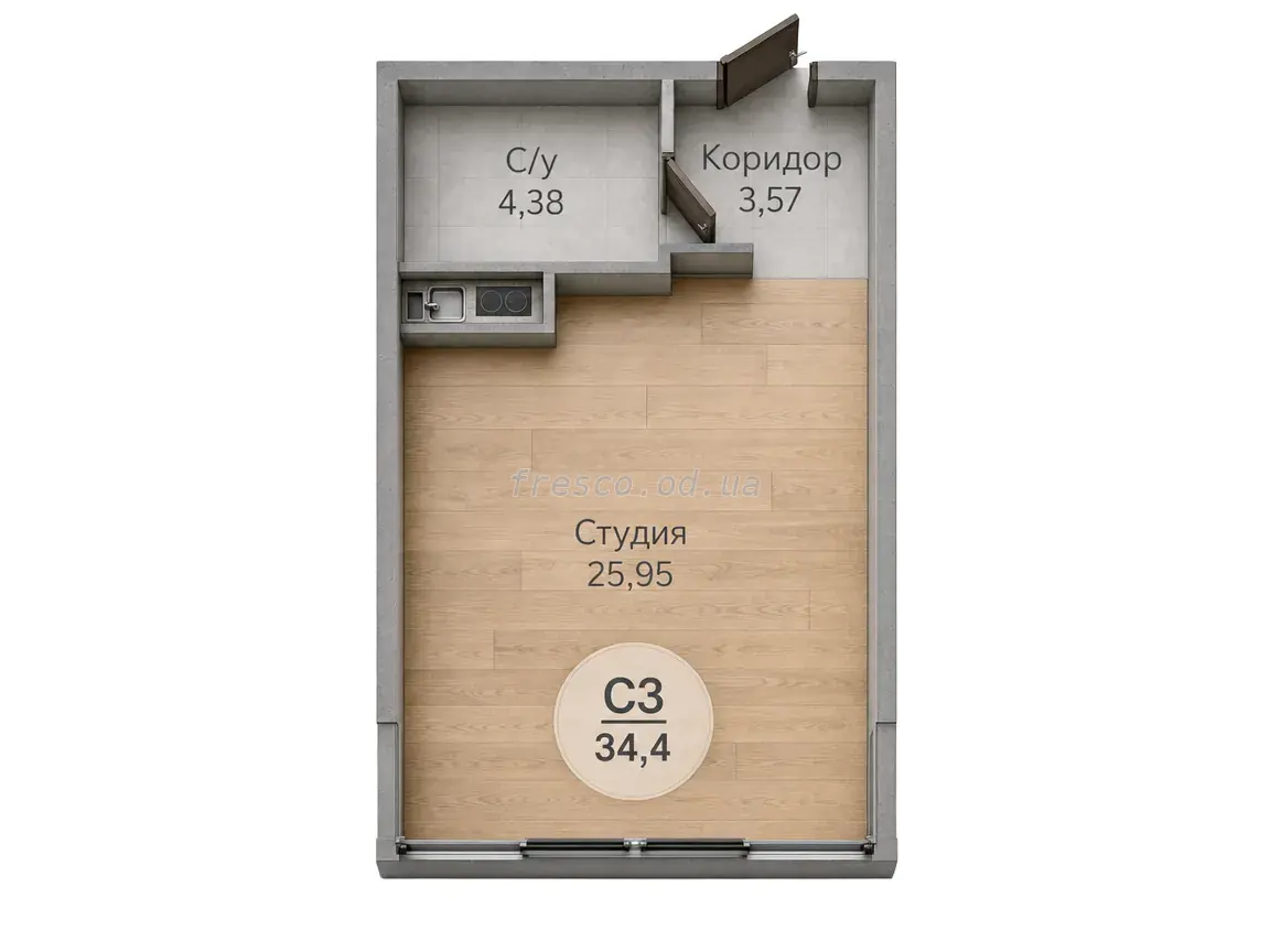 Studio · 34.4 m² · Novaya Evropa