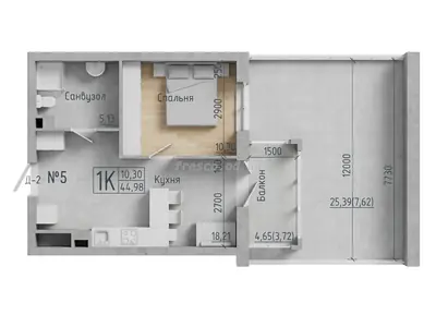 Однокомнатная · 45.1 м² · ЖК Акварель-7