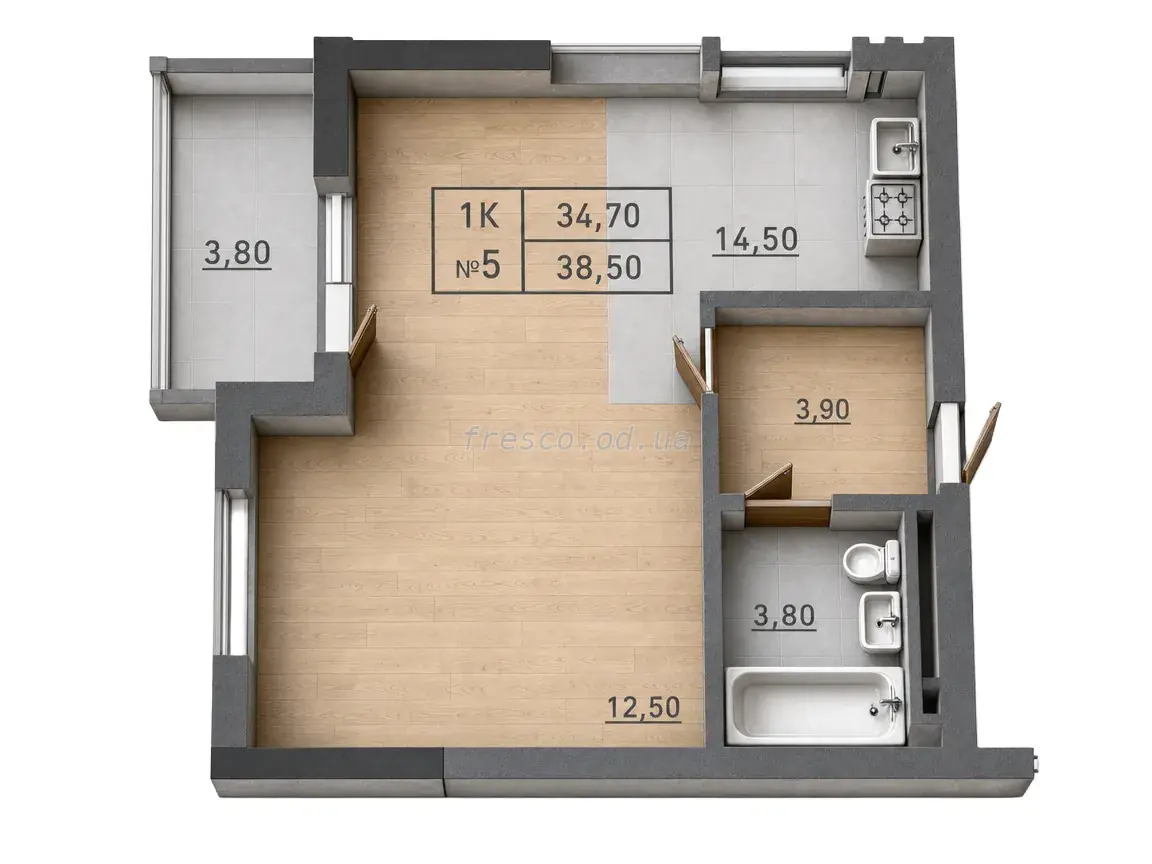 1-room apartment · 38.5 m² · Aquarelle 3