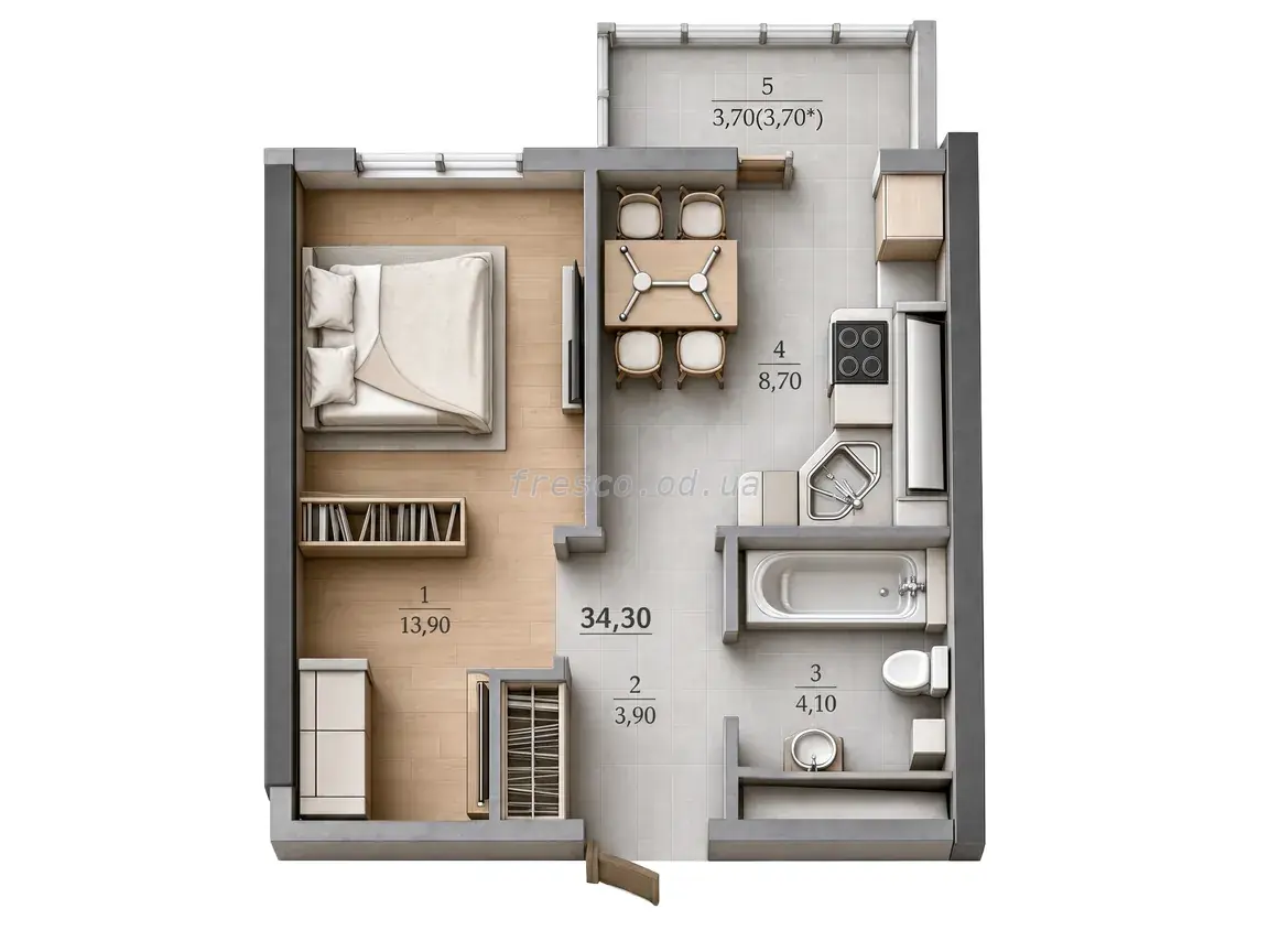 1-room apartment · 34.3 m² · Tairovo Gardens