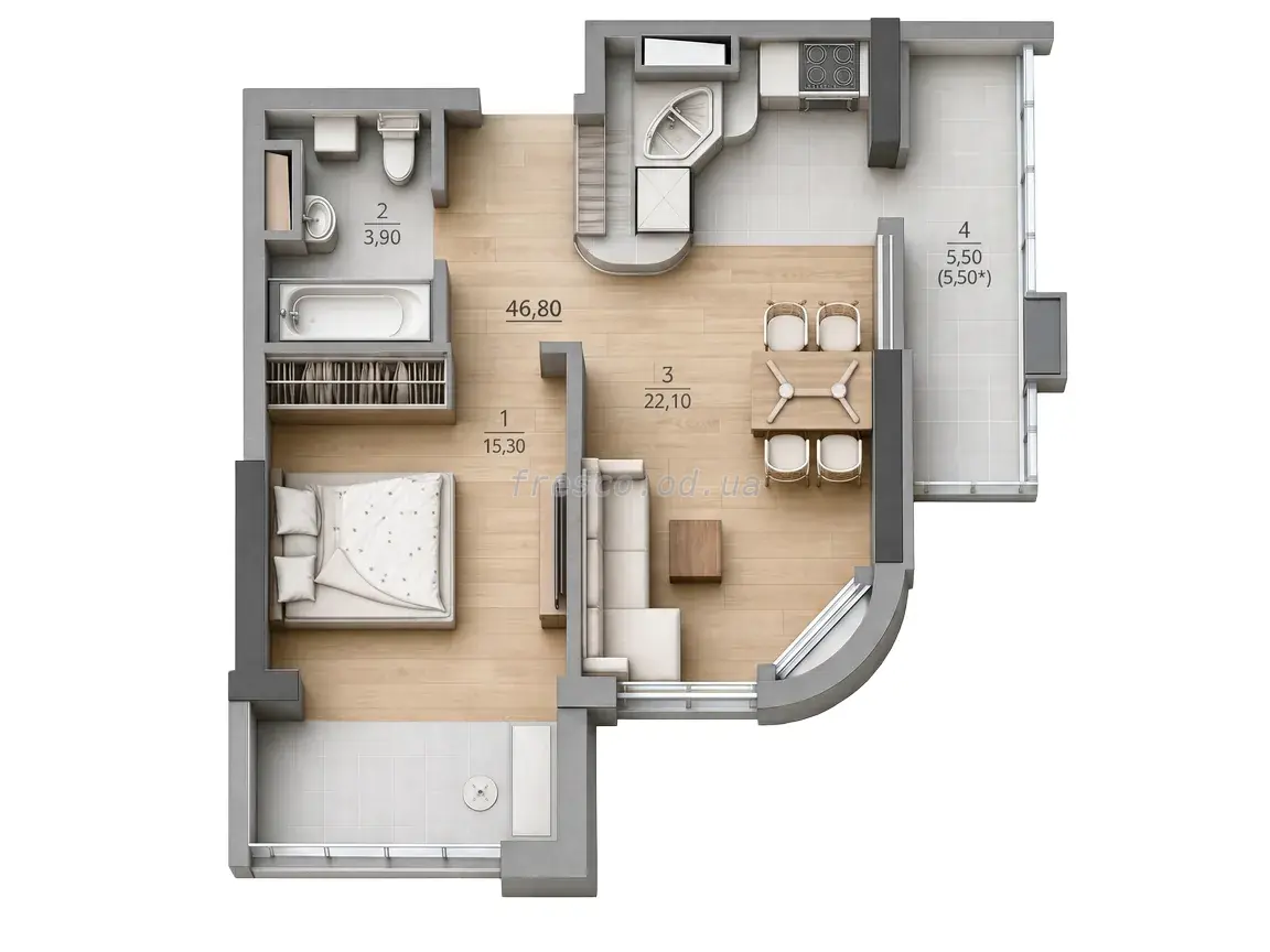 1-room apartment · 46.8 m² · Tairovo Gardens