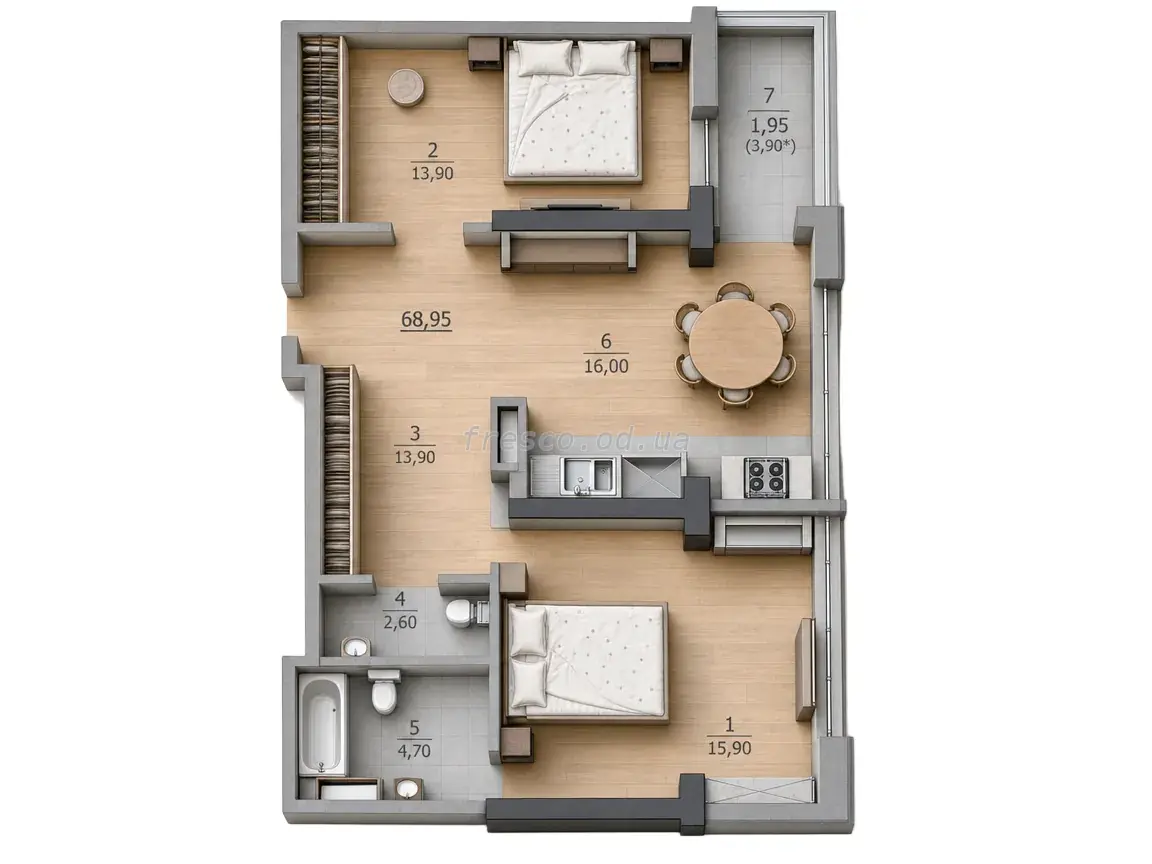 2-room apartment · 68.95 m² · Tairovo Gardens