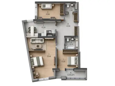 Трёхкомнатная · 93.3 м² · ЖК Таировские сады