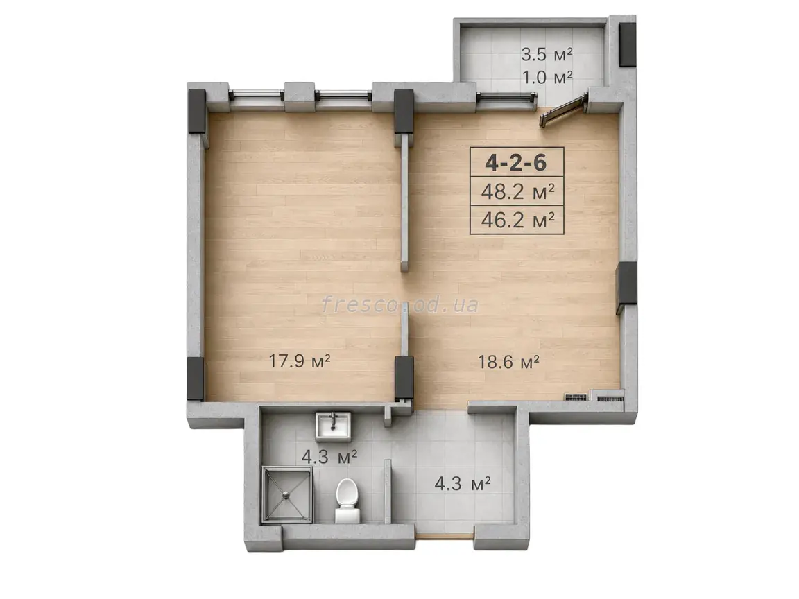 1-room apartment · 46.1 m² · Golden City