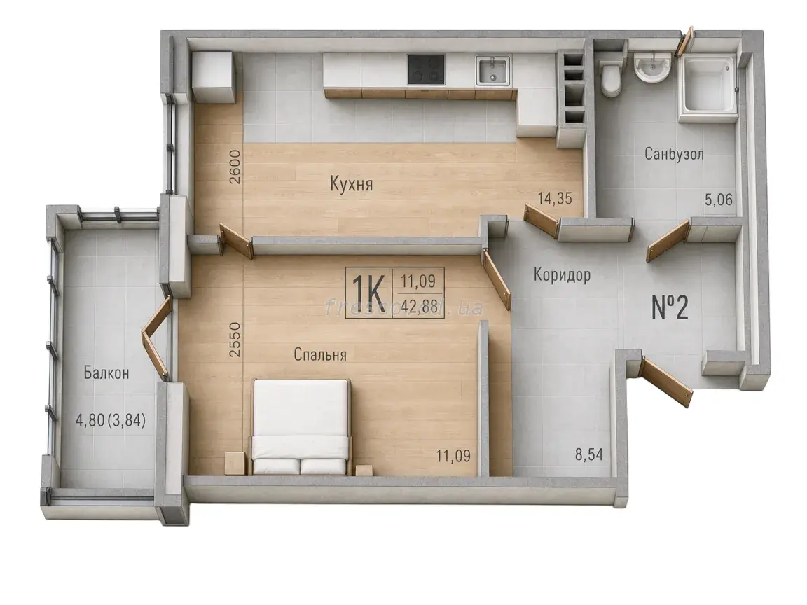 1-room apartment · 43.5 m² · Aquarelle 7