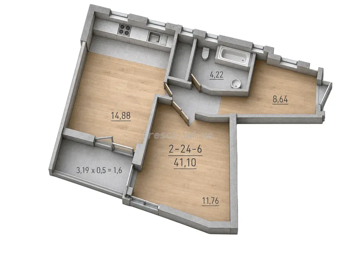 1-room apartment · 40.6 m² · 68 Pearl