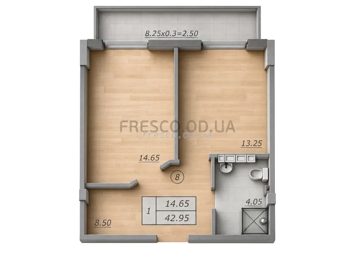1-room apartments · 42.95 m² · Lidersovsky