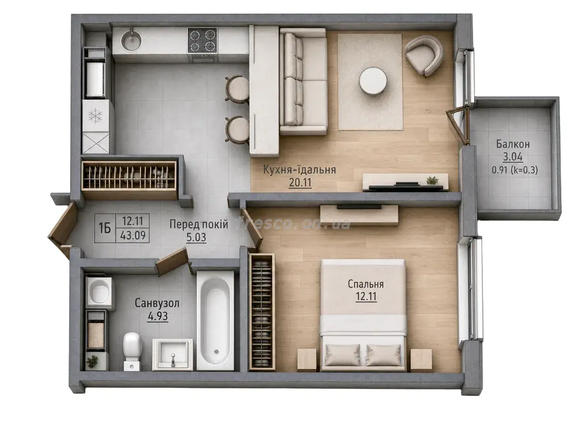 1-room apartment · 43.0 m² · Sky City