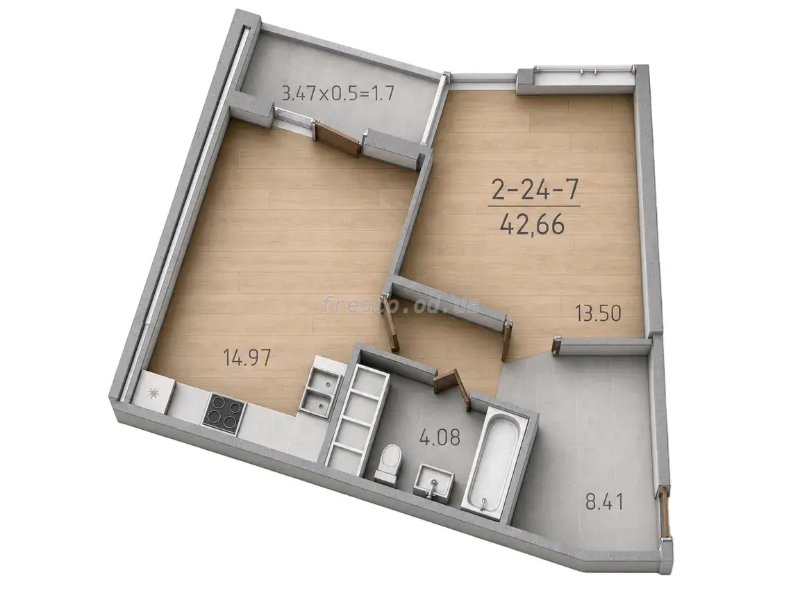 1-room apartment · 43.0 m² · 67 Pearl
