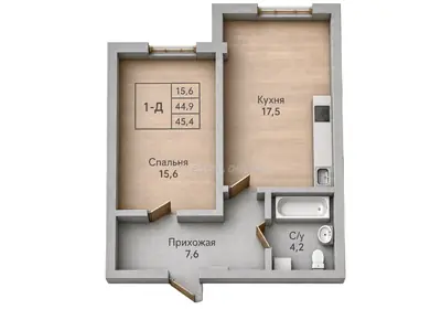 Однокомнатная · 44.35 м² · ЖК Парк Совиньон