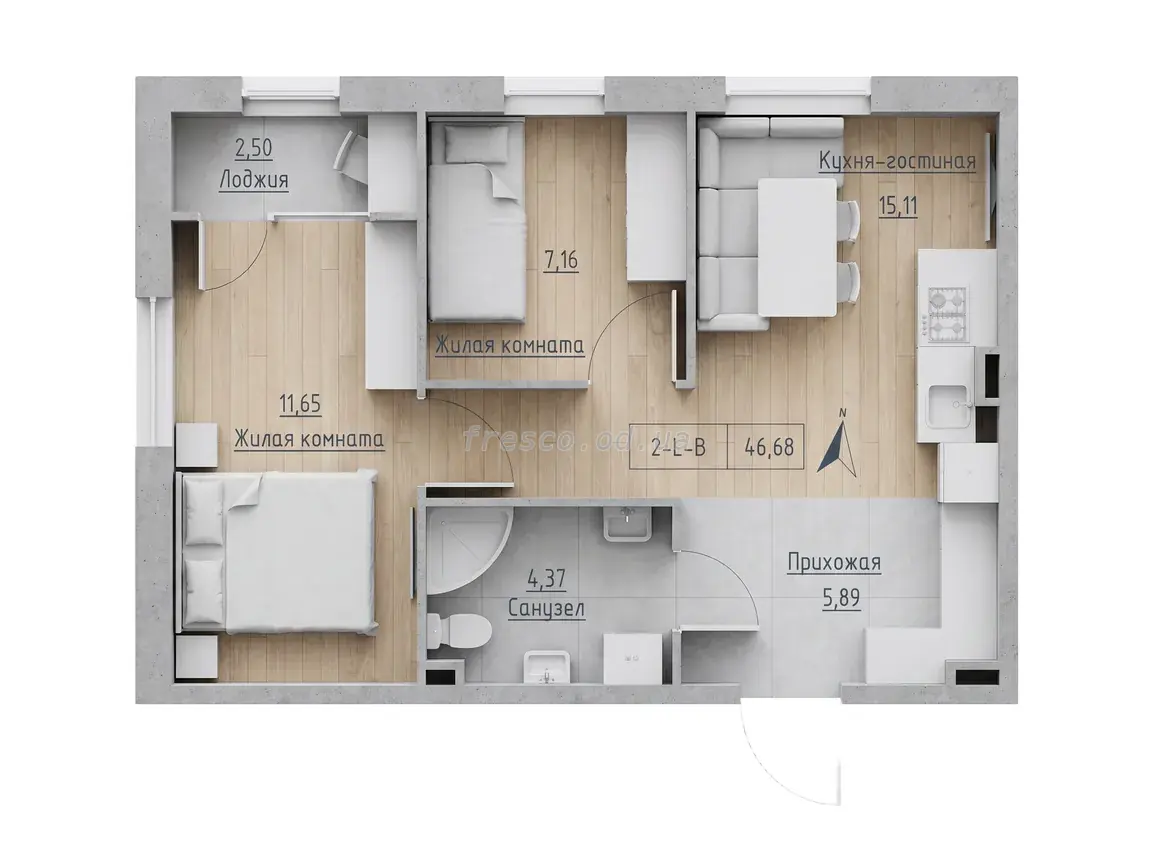 2-room apartment · 46.68 m² · Keks