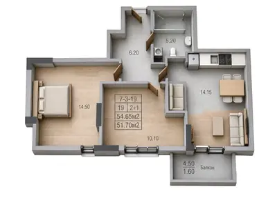 Двухкомнатная · 53.1 м² · ЖК Голден Сити