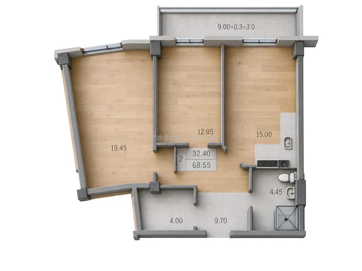 2-room apartments · 68.55 m² · Lidersovsky