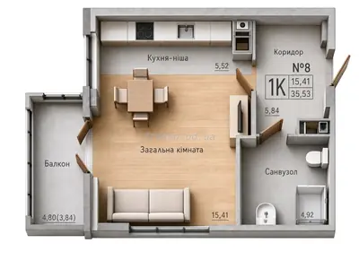 Однокомнатная · 37.2 м² · ЖК Акварель-7