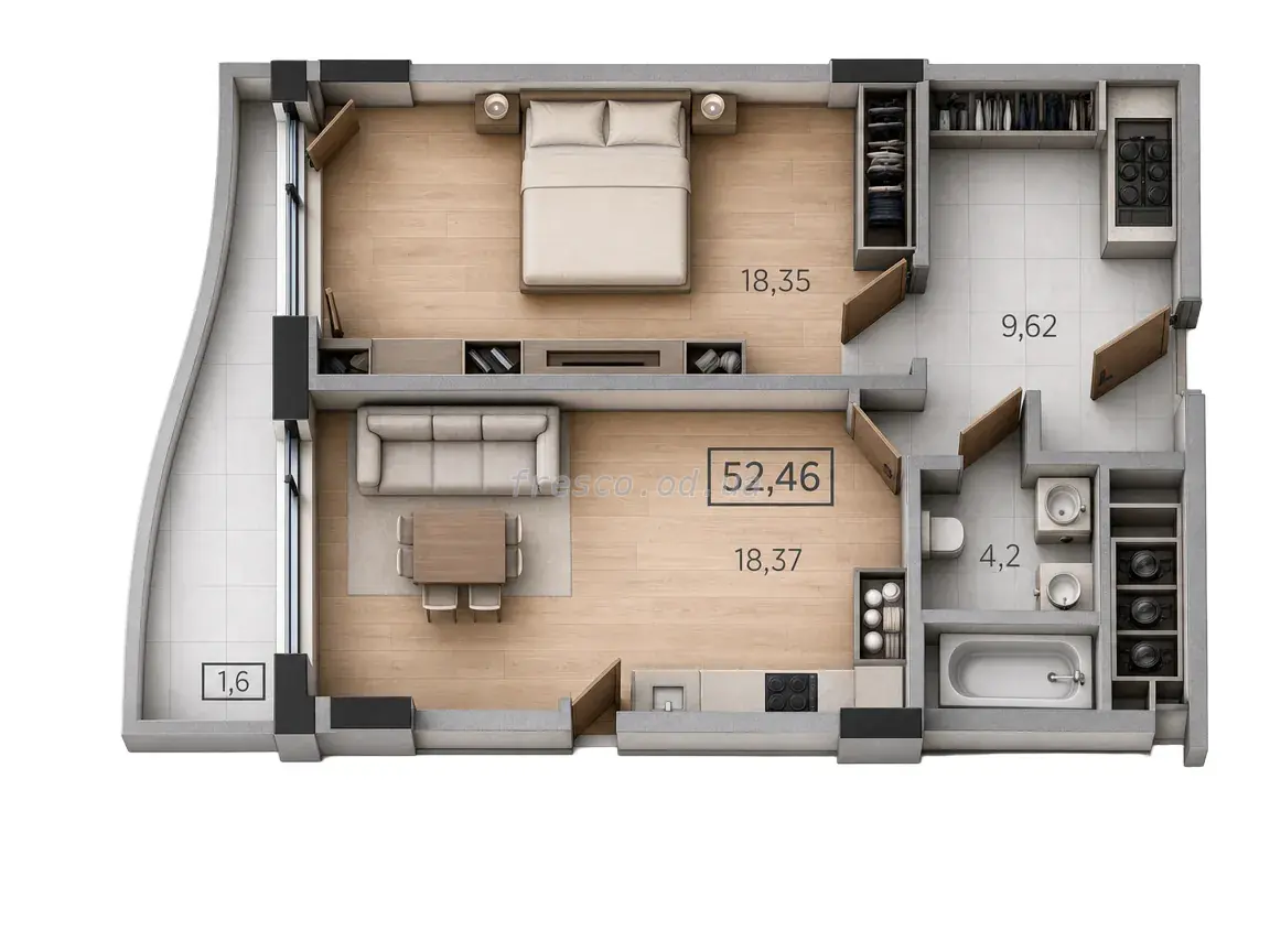 Однокомнатная квартира · 56.14 м² · Unity Towers