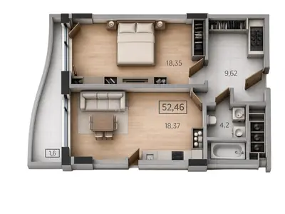 One-bedroom · 56.14 m² · UNITY TOWERS