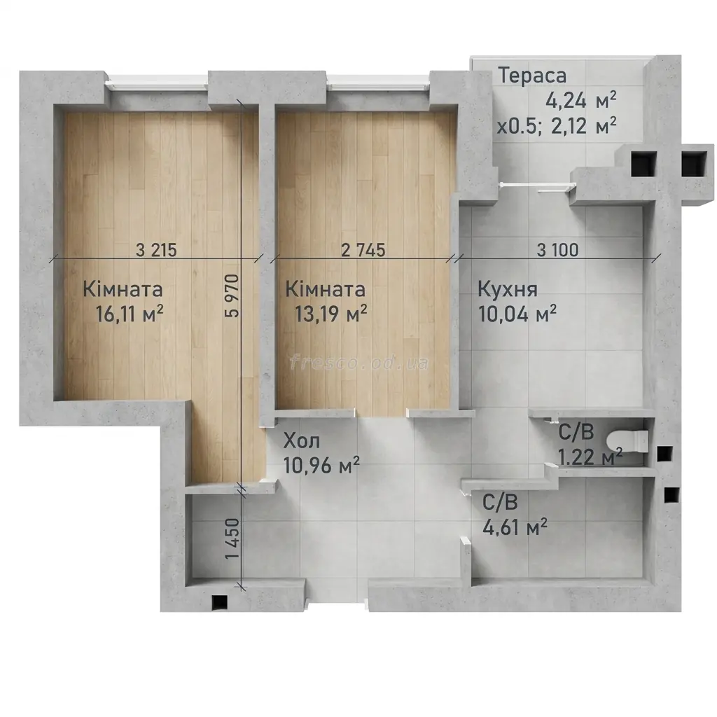 Двухкомнатная квартира · 58.25 м² · ЖК Чайка Люкс