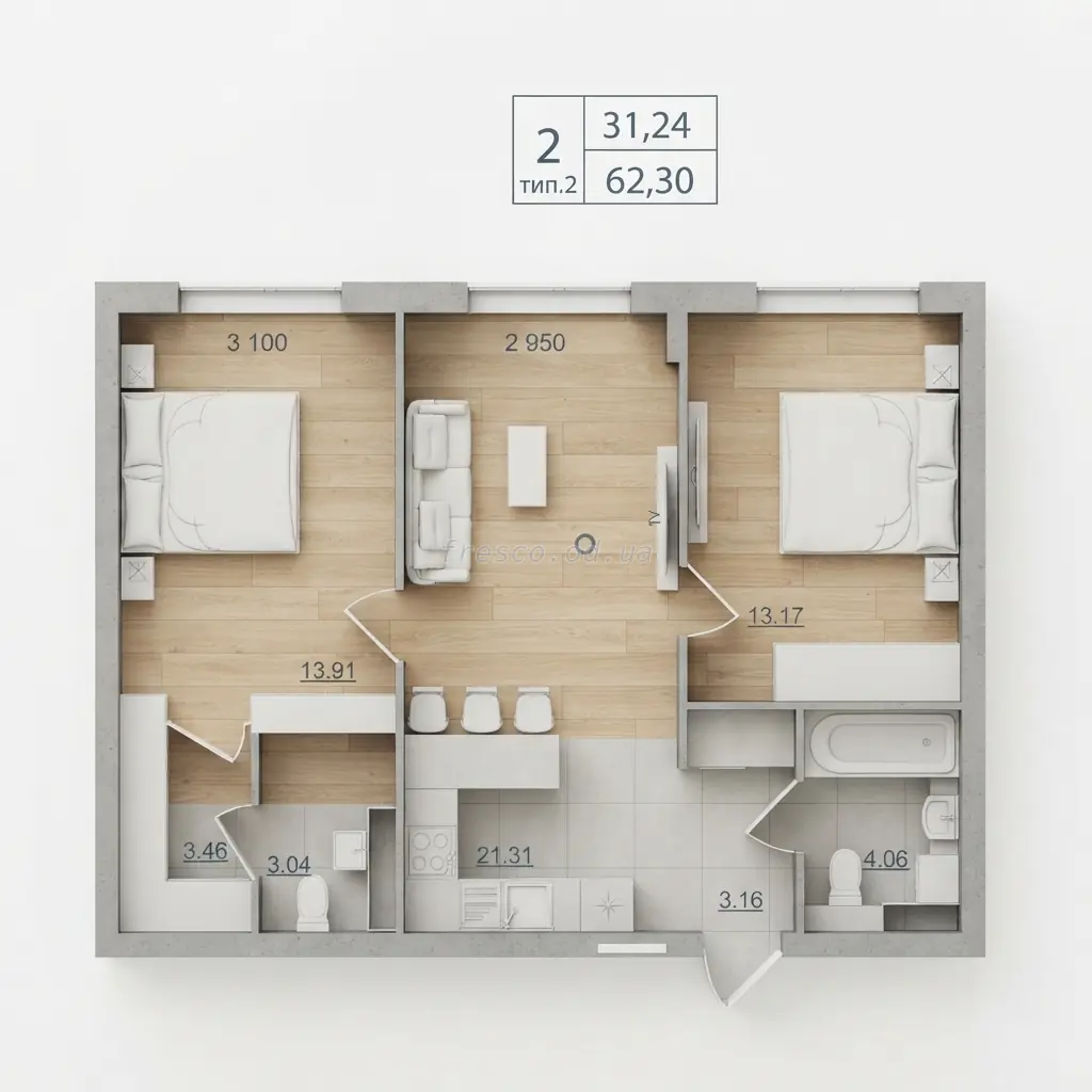 Двухкомнатная квартира · 62.3 м² · ЖК Акварель 10