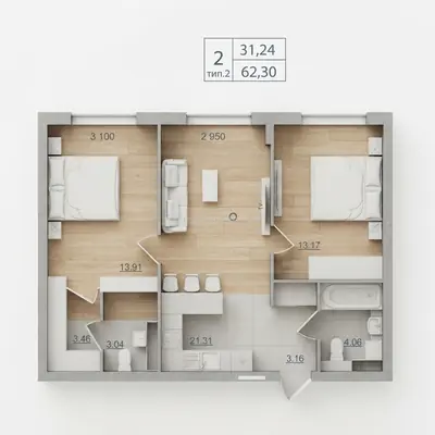 Двухкомнатная · 62.3 м² · ЖК Акварель 10