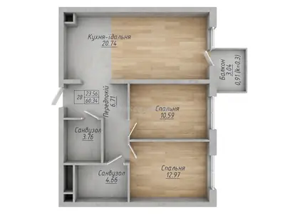 Двухкомнатная · 60.5 м² · ЖК Sky City