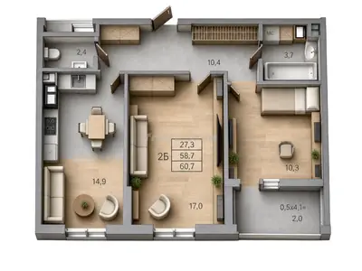 Двухкомнатная · 60.7 м² · ЖК RealPark (Реал Парк)