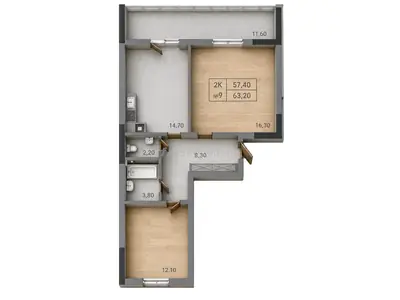 Двухкомнатная · 67.9 м² · ЖК Акварель 3