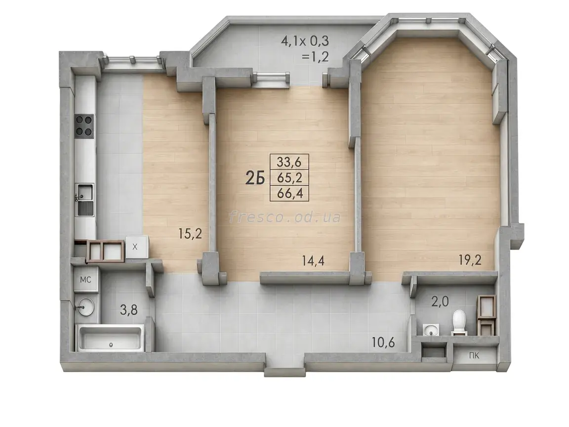 2-room apartment · 66.4 m² · RealPark