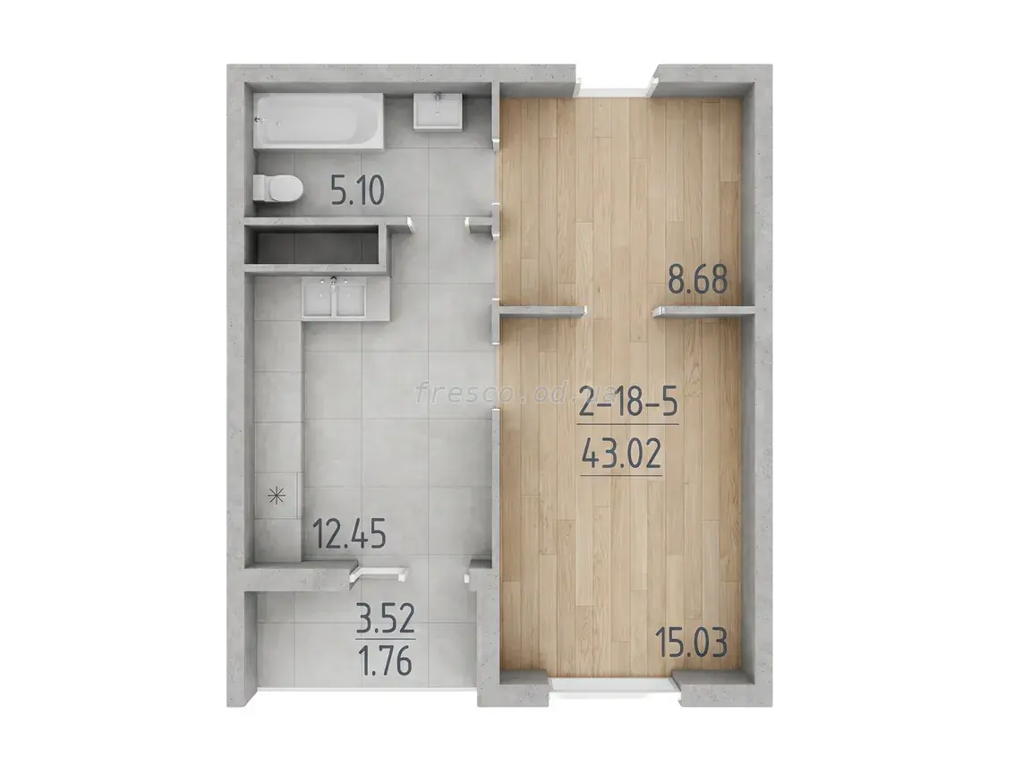 1-room apartment · 43.0 m² · 65 Pearl
