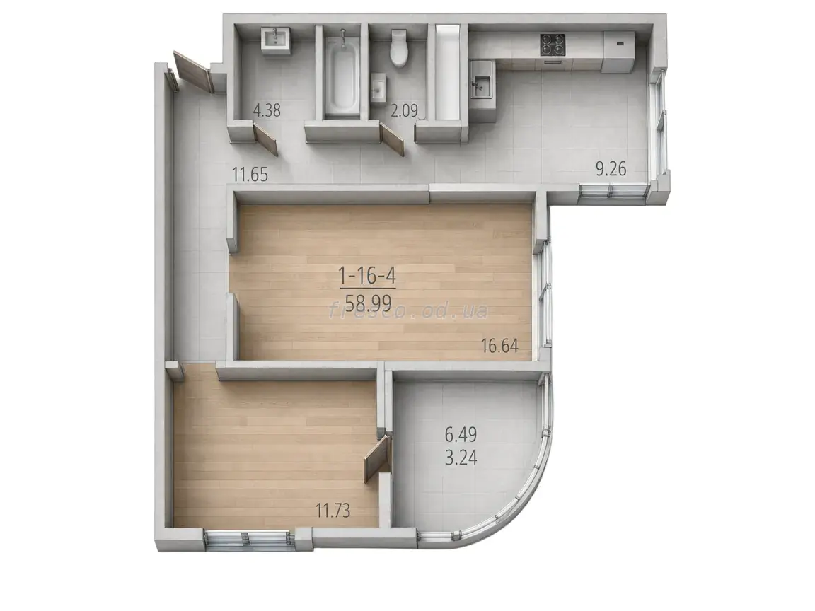 2-room apartment · 58.3 m² · 65 Pearl