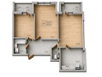 Трёхкомнатная · 69.87 м² · ЖК Сити Парк