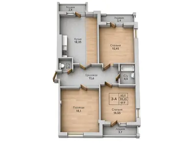 Трёхкомнатная · 91.7 м² · ЖК Парк Совиньон