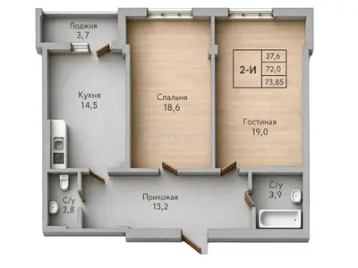 Двухкомнатная · 73.8 м² · ЖК Парк Совиньон