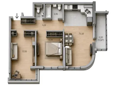 Двухкомнатная · 73.1 м² · ЖК Таировские сады