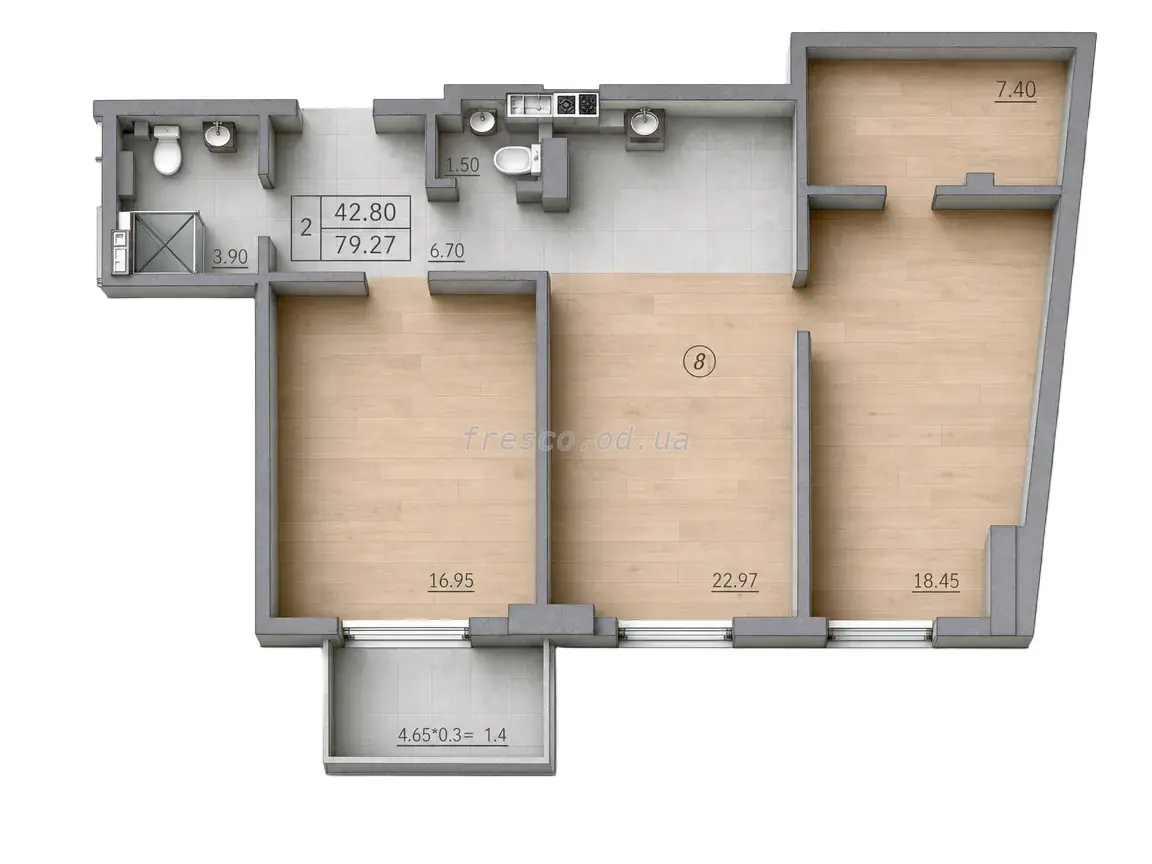 2-room apartments · 79.27 m² · Lidersovsky