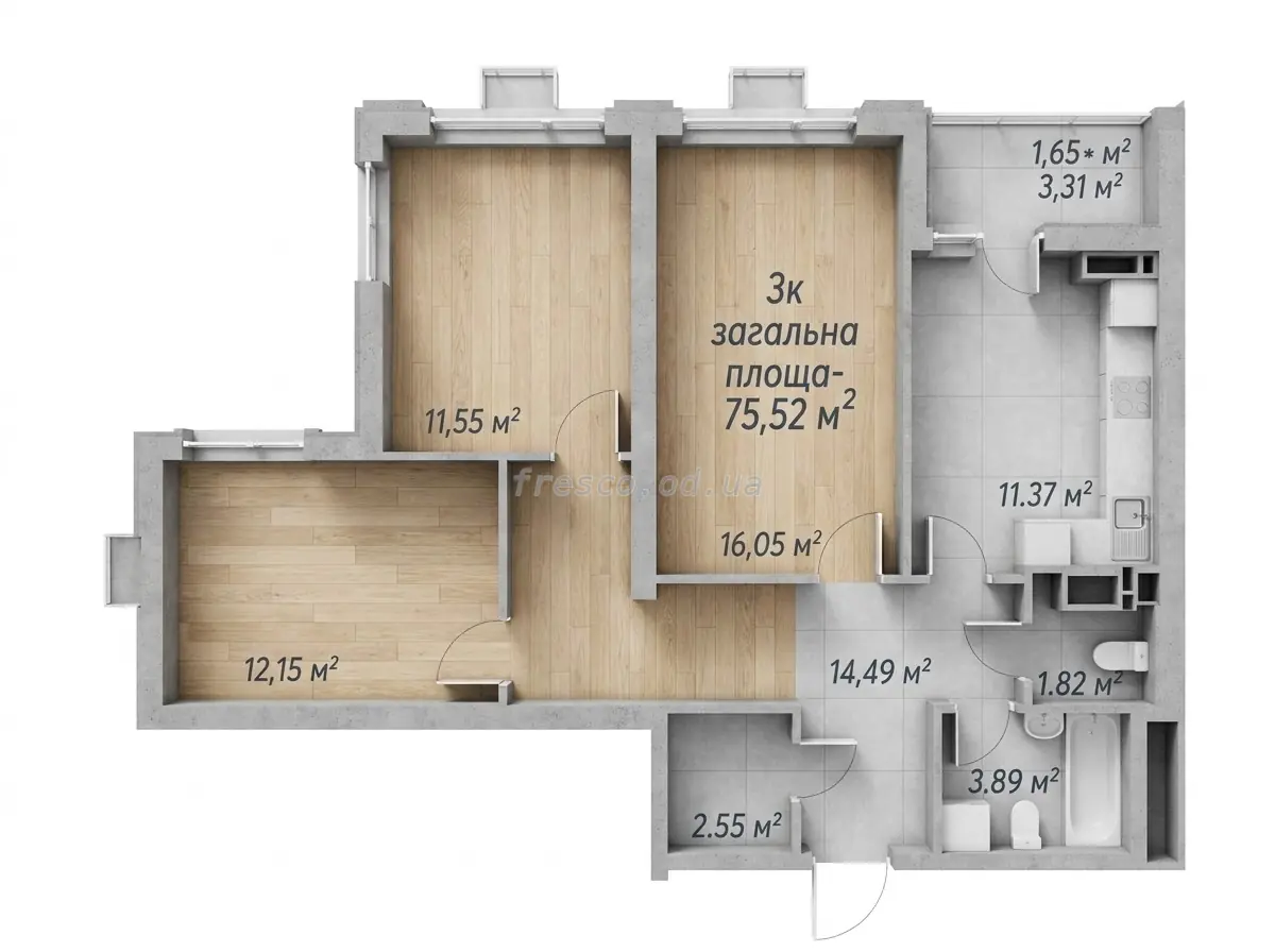 Three-bedroom · 75.22 m² · Odessa Traditions on Starosinna
