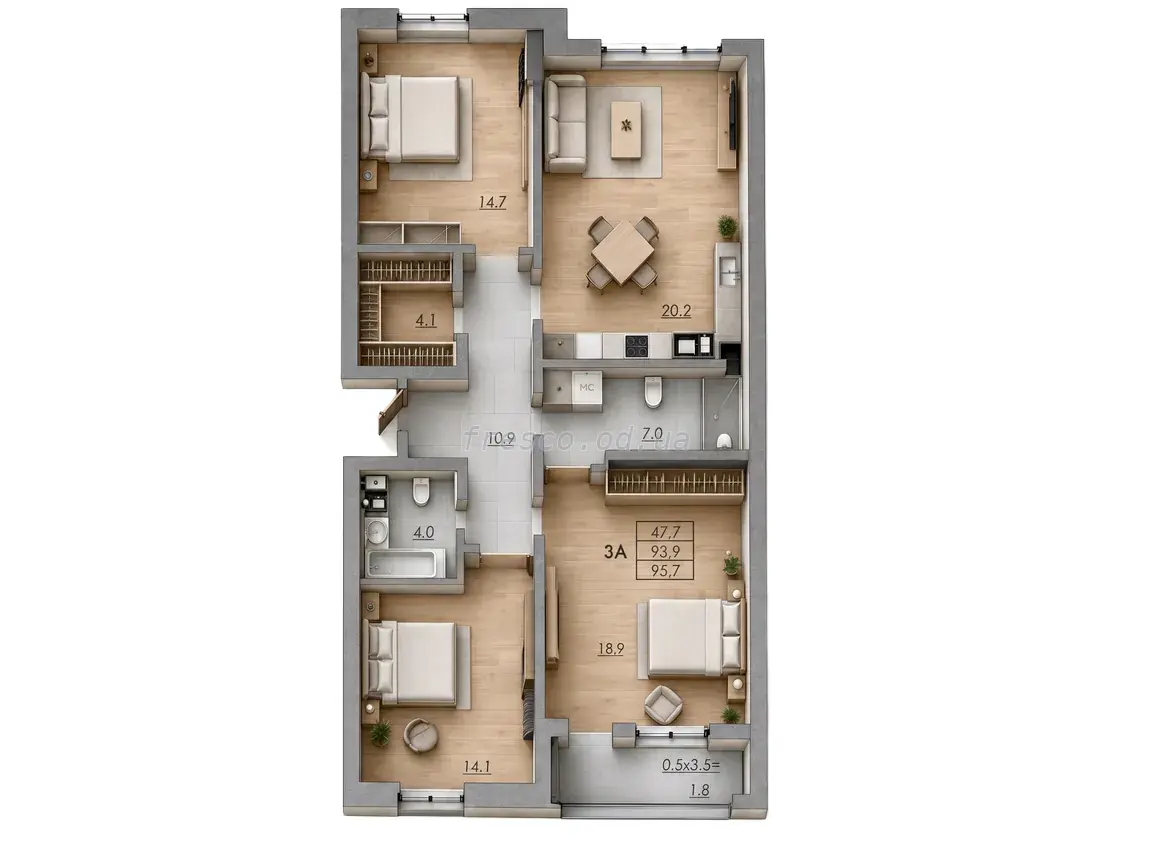 3-room apartment · 95.7 m² · RealPark