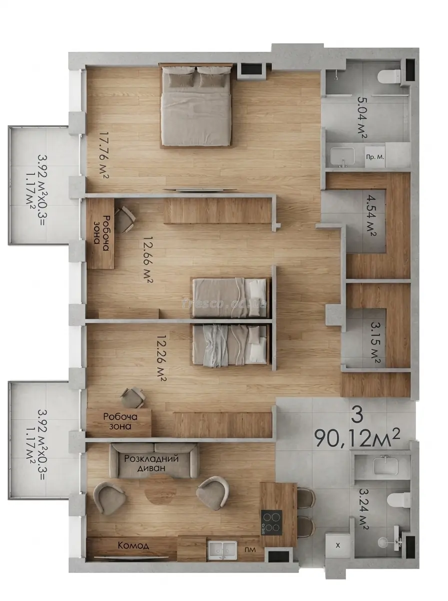 Трёхкомнатная квартира · 90.12 м² · Квартал SOHO