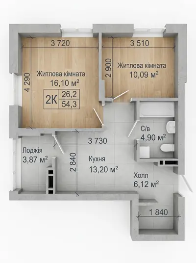 Двокімнатна · 54.3 м² · ЖК Одеса Сіті