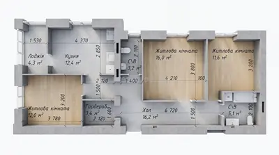 Трёхкомнатная · 84.37 м² · ЖК Одесская Чайка